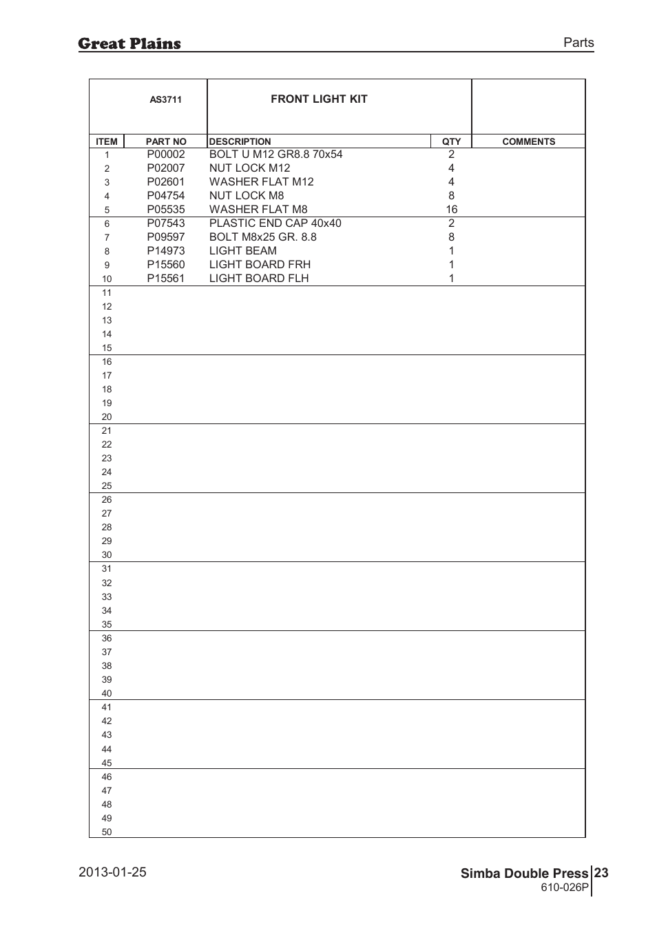 Double press, 58 7. parts and assembly, Aas 37 11 | 59 double press, Parts and assembly, Parts 23 simba double press, Operating instructions, Front light kit, 026p, Si m b a | Great Plains Simba Double Press Operator Manual User Manual | Page 23 / 100