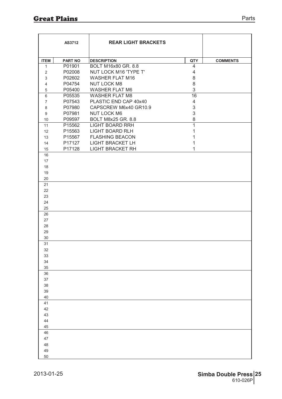 Double press, 60 7. parts and assembly, Aas 37 12 | 61 double press, Parts and assembly, Parts 25 simba double press, Operating instructions, Rear light brackets, 026p, Si m b a | Great Plains Simba Double Press Operator Manual User Manual | Page 25 / 100