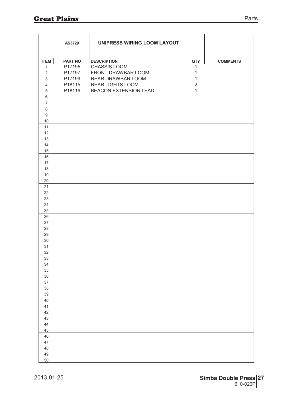 Double press, 62 7. parts and assembly, Bas 37 29 | 63 double press, Parts and assembly, Parts 27 simba double press, Operating instructions, Unipress wiring loom layout, 026p | Great Plains Simba Double Press Operator Manual User Manual | Page 27 / 100