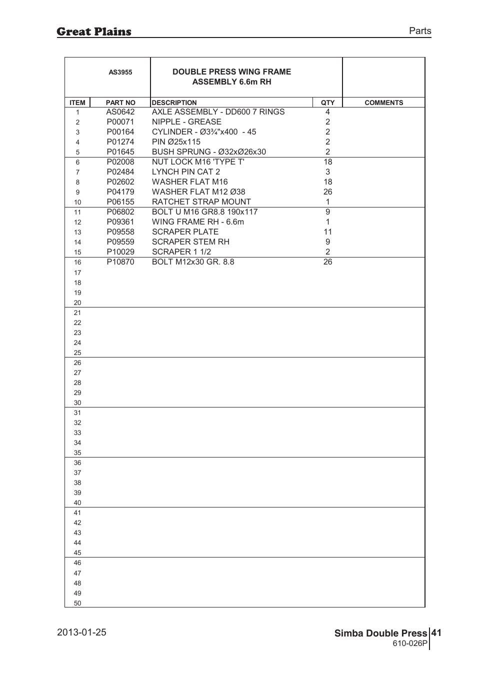 Double press, 76 7. parts and assembly, Bas 39 55 | 77 double press, Parts and assembly, Parts 41 simba double press, Operating instructions, Double press wing frame assembly 6.6m rh, 026p | Great Plains Simba Double Press Operator Manual User Manual | Page 41 / 100