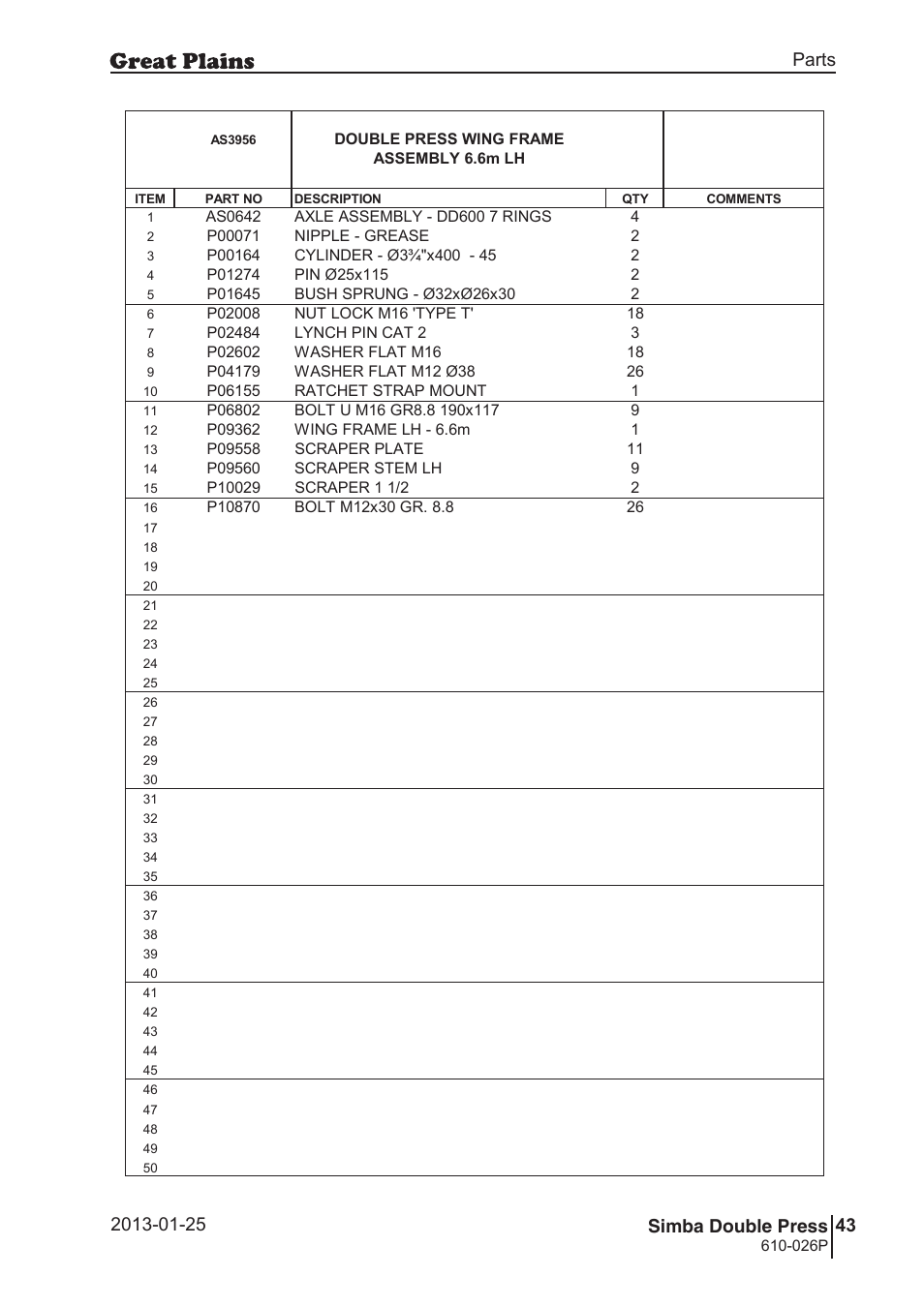 Double press, 78 7. parts and assembly, Bas 39 56 | 79 double press, Parts and assembly, Parts 43 simba double press, Operating instructions, Double press wing frame assembly 6.6m lh, 026p | Great Plains Simba Double Press Operator Manual User Manual | Page 43 / 100