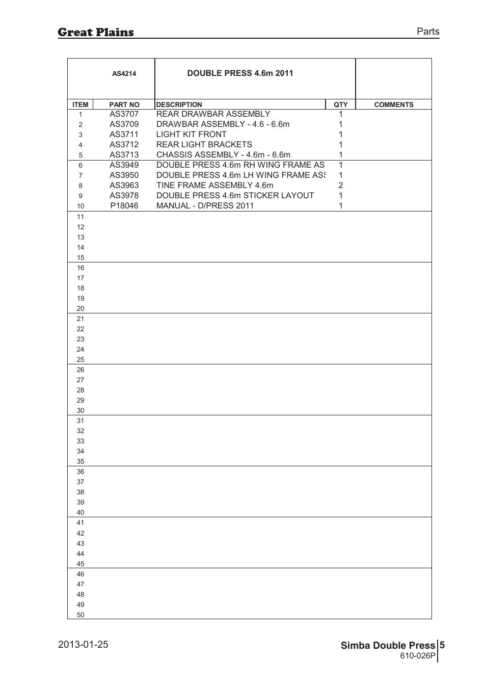 Double press, 40 7. parts and assembly, Aas 42 14 | 41 double press, Parts and assembly, Parts 5 simba double press, Operating instructions, 026p | Great Plains Simba Double Press Operator Manual User Manual | Page 5 / 100