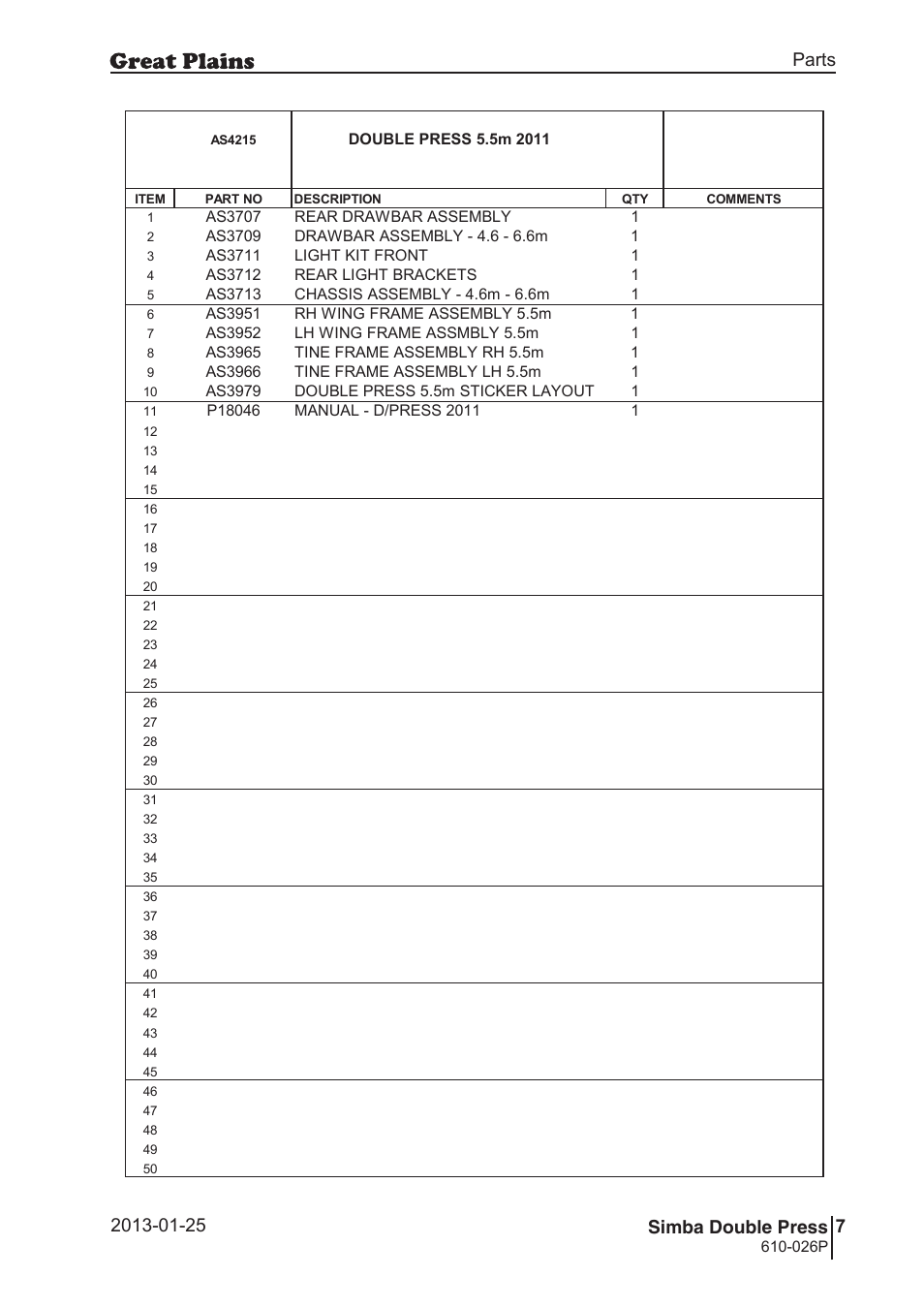 Double press, 42 7. parts and assembly, Aas 42 15 | 43 double press, Parts and assembly, Parts 7 simba double press, Operating instructions, 026p | Great Plains Simba Double Press Operator Manual User Manual | Page 7 / 100