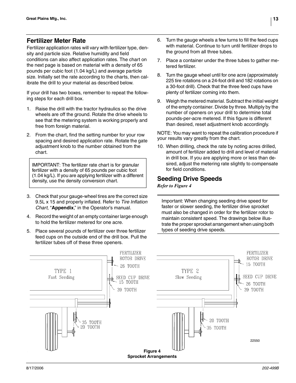 Fertilizer meter rate seeding drive speeds, Fertilizer meter rate, Seeding drive speeds | Great Plains 2SNG30 Material Rate User Manual | Page 13 / 14