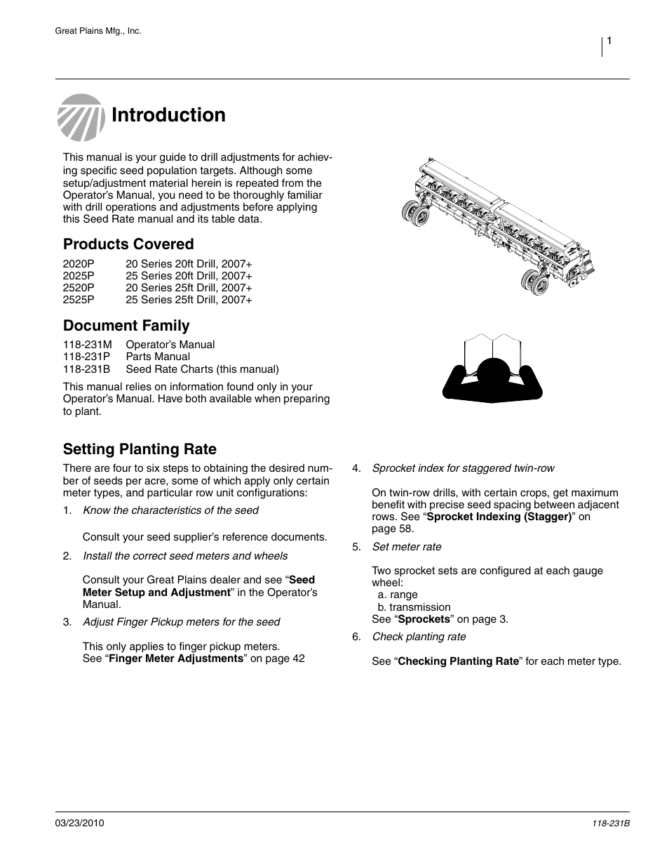 Introduction, Products covered, Document family | Setting planting rate | Great Plains 2525P Material Rate User Manual | Page 3 / 71