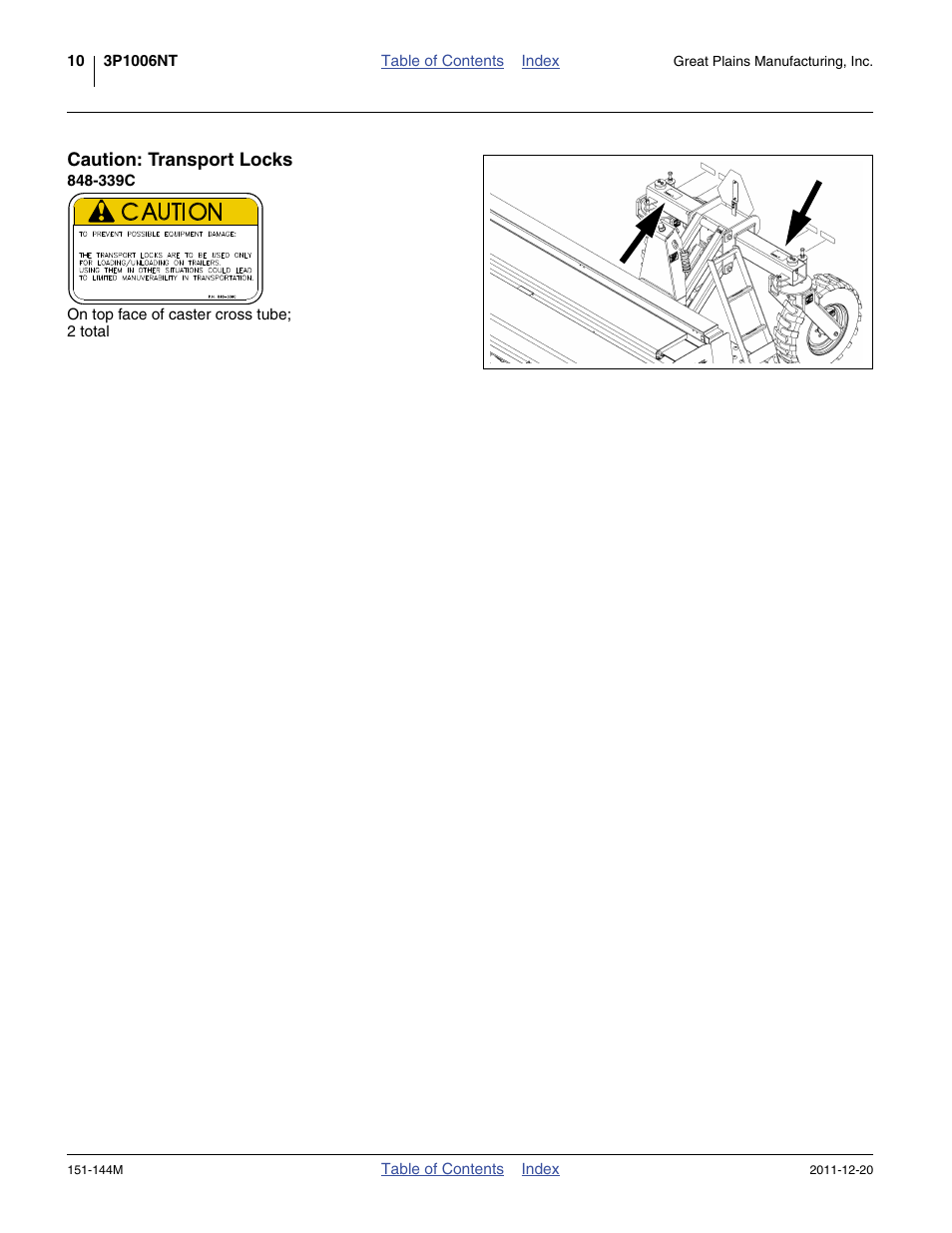 Caution: transport locks, 339c | Great Plains 3P1006NT Operator Manual User Manual | Page 14 / 102