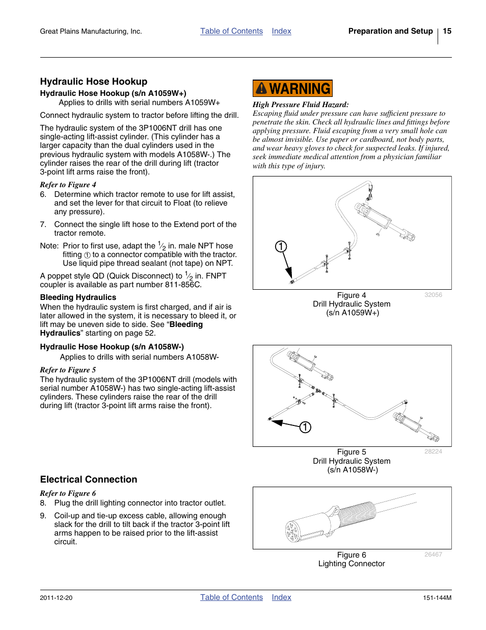 Hydraulic hose hookup, Hydraulic hose hookup (s/n a1059w+), Bleeding hydraulics | Hydraulic hose hookup (s/n a1058w-), Electrical connection | Great Plains 3P1006NT Operator Manual User Manual | Page 19 / 102