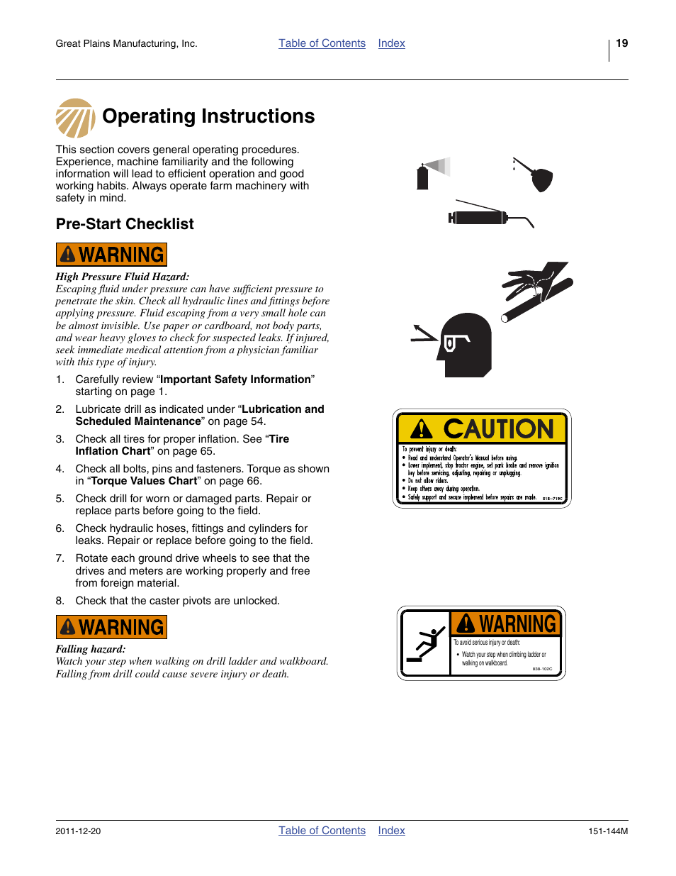 Operating instructions, Pre-start checklist, Operating instructions pre-start checklist | Warning | Great Plains 3P1006NT Operator Manual User Manual | Page 23 / 102
