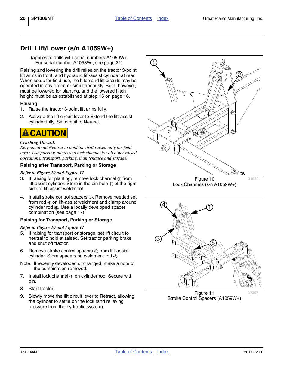 Drill lift/lower (s/n a1059w+), Raising, Raising after transport, parking or storage | Raising for transport, parking or storage | Great Plains 3P1006NT Operator Manual User Manual | Page 24 / 102