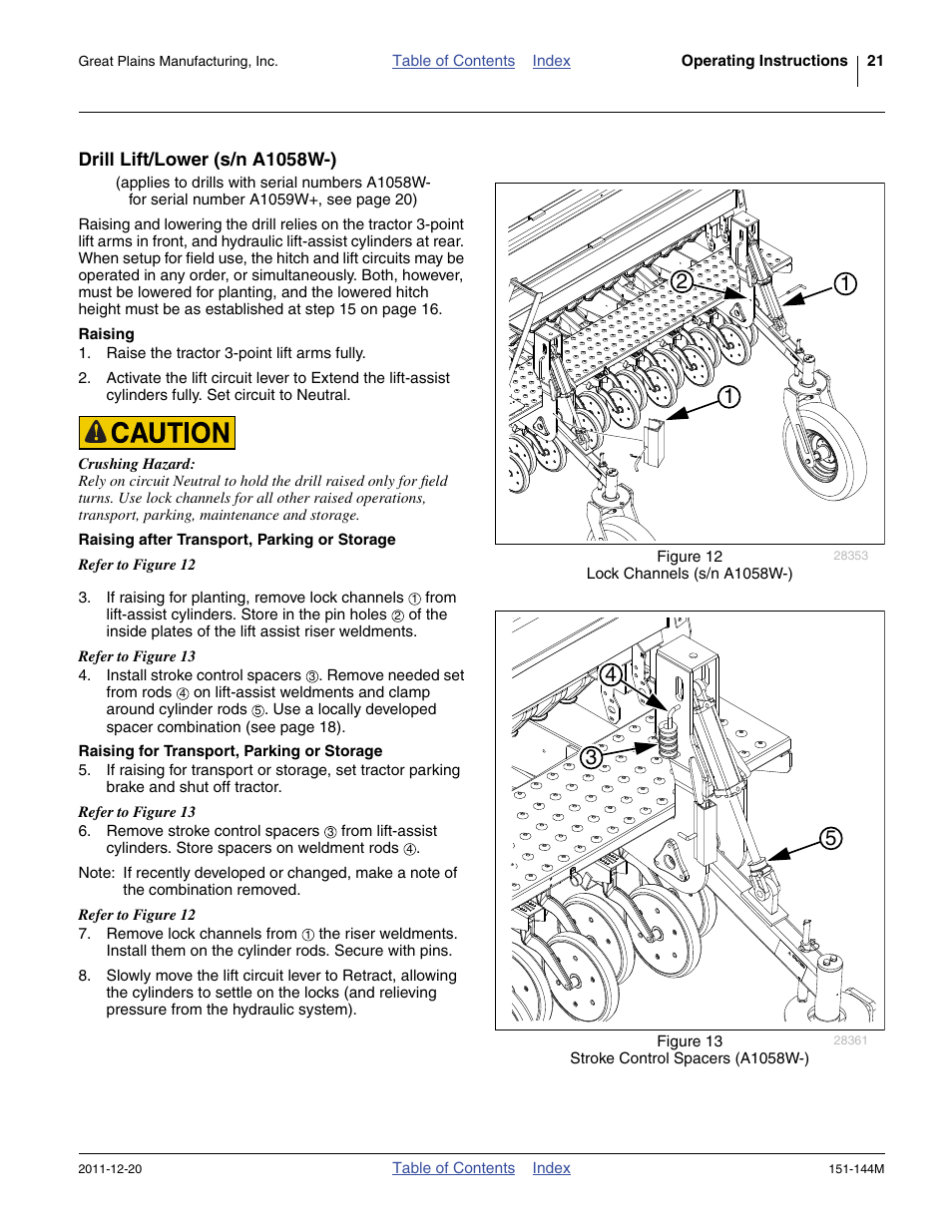 Drill lift/lower (s/n a1058w-), Raising, Raising after transport, parking or storage | Raising for transport, parking or storage | Great Plains 3P1006NT Operator Manual User Manual | Page 25 / 102