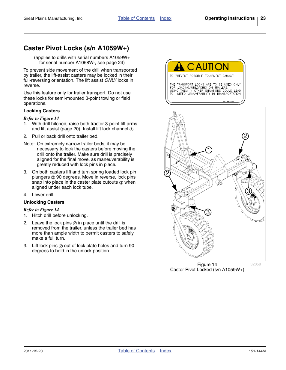 Caster pivot locks (s/n a1059w+), Locking casters, Unlocking casters | Great Plains 3P1006NT Operator Manual User Manual | Page 27 / 102
