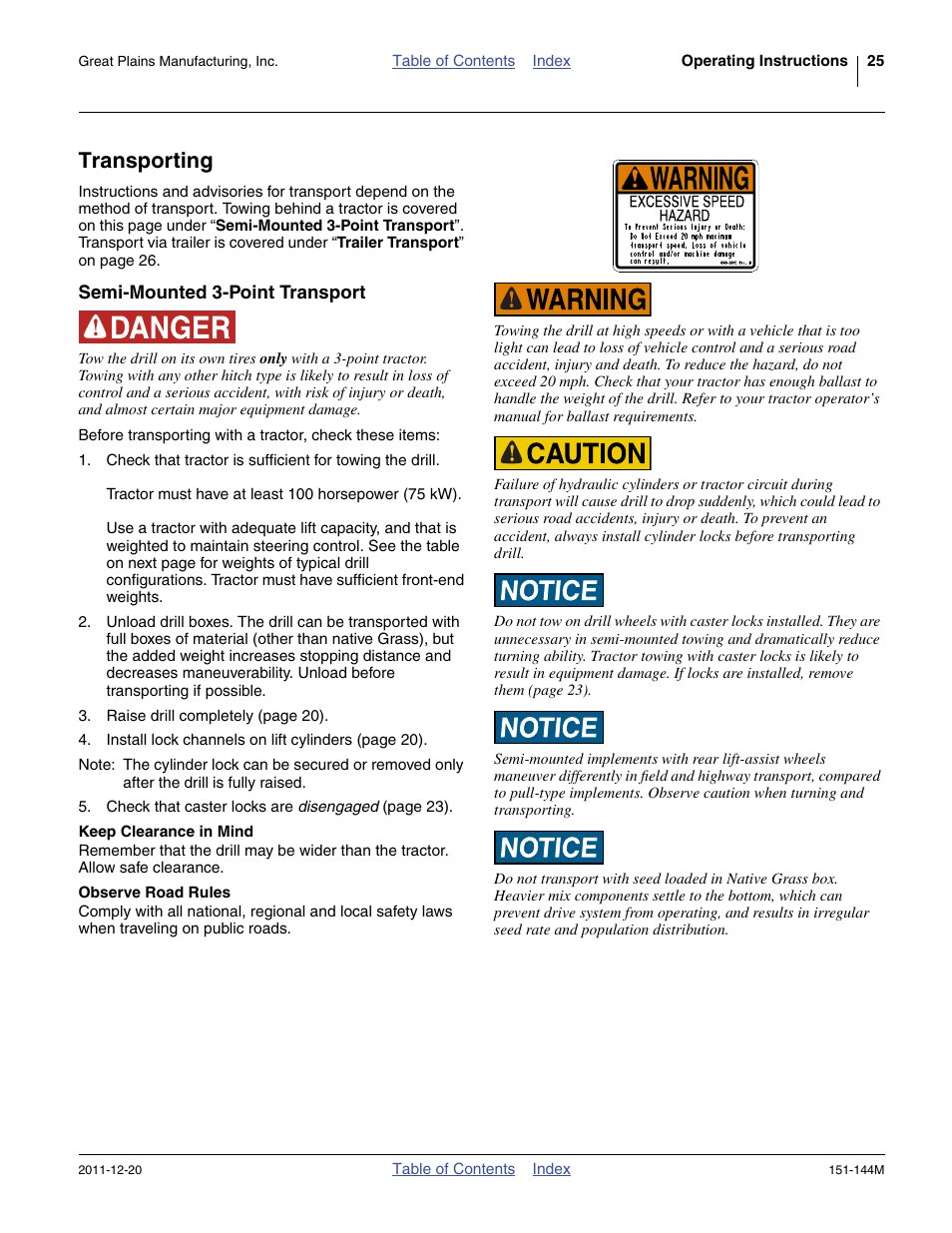 Transporting, Semi-mounted 3-point transport, Keep clearance in mind | Observe road rules | Great Plains 3P1006NT Operator Manual User Manual | Page 29 / 102