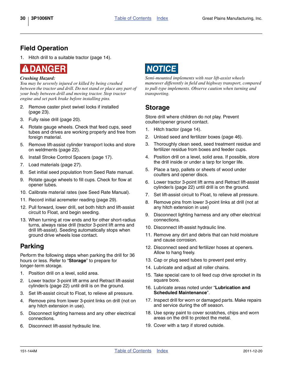 Field operation, Parking, Storage | Field operation parking storage | Great Plains 3P1006NT Operator Manual User Manual | Page 34 / 102