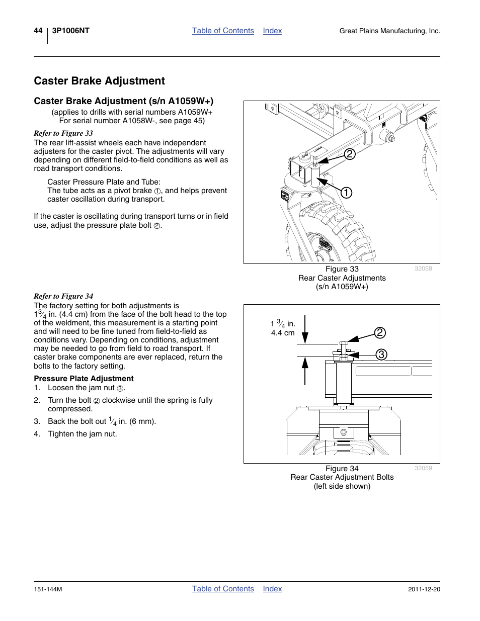 Caster brake adjustment, Caster brake adjustment (s/n a1059w+), Pressure plate adjustment | Great Plains 3P1006NT Operator Manual User Manual | Page 48 / 102