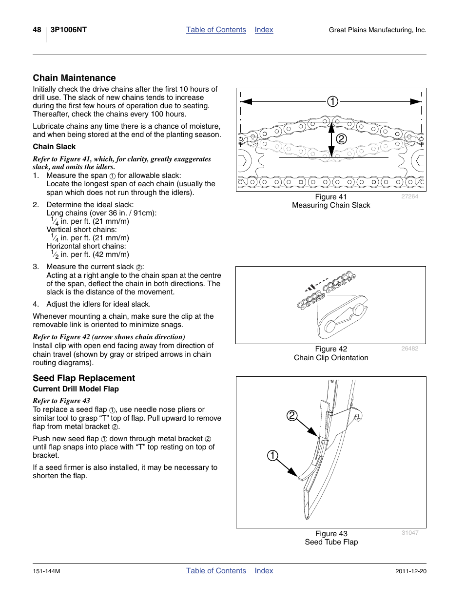 Chain maintenance, Chain slack, Seed flap replacement | Current drill model flap, Chain maintenance seed flap replacement, Is field-installed. see “ seed | Great Plains 3P1006NT Operator Manual User Manual | Page 52 / 102