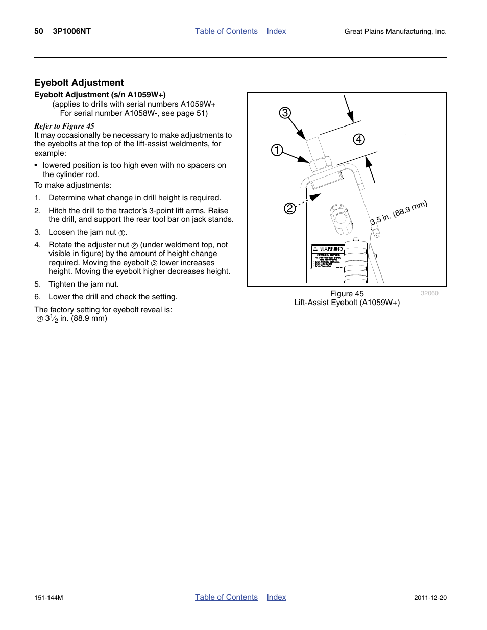 Eyebolt adjustment, Eyebolt adjustment (s/n a1059w+) | Great Plains 3P1006NT Operator Manual User Manual | Page 54 / 102