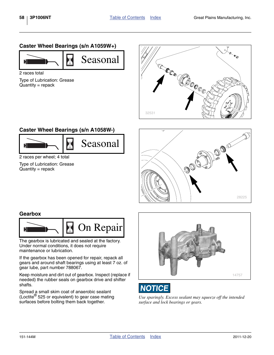 Caster wheel bearings (s/n a1059w+), Caster wheel bearings (s/n a1058w-), Gearbox | Seasonal, On repair | Great Plains 3P1006NT Operator Manual User Manual | Page 62 / 102
