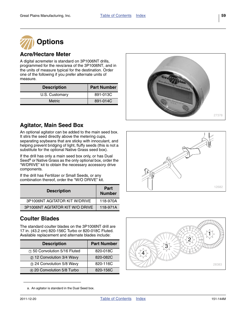 Options, Acre/hectare meter, Agitator, main seed box | Coulter blades | Great Plains 3P1006NT Operator Manual User Manual | Page 63 / 102