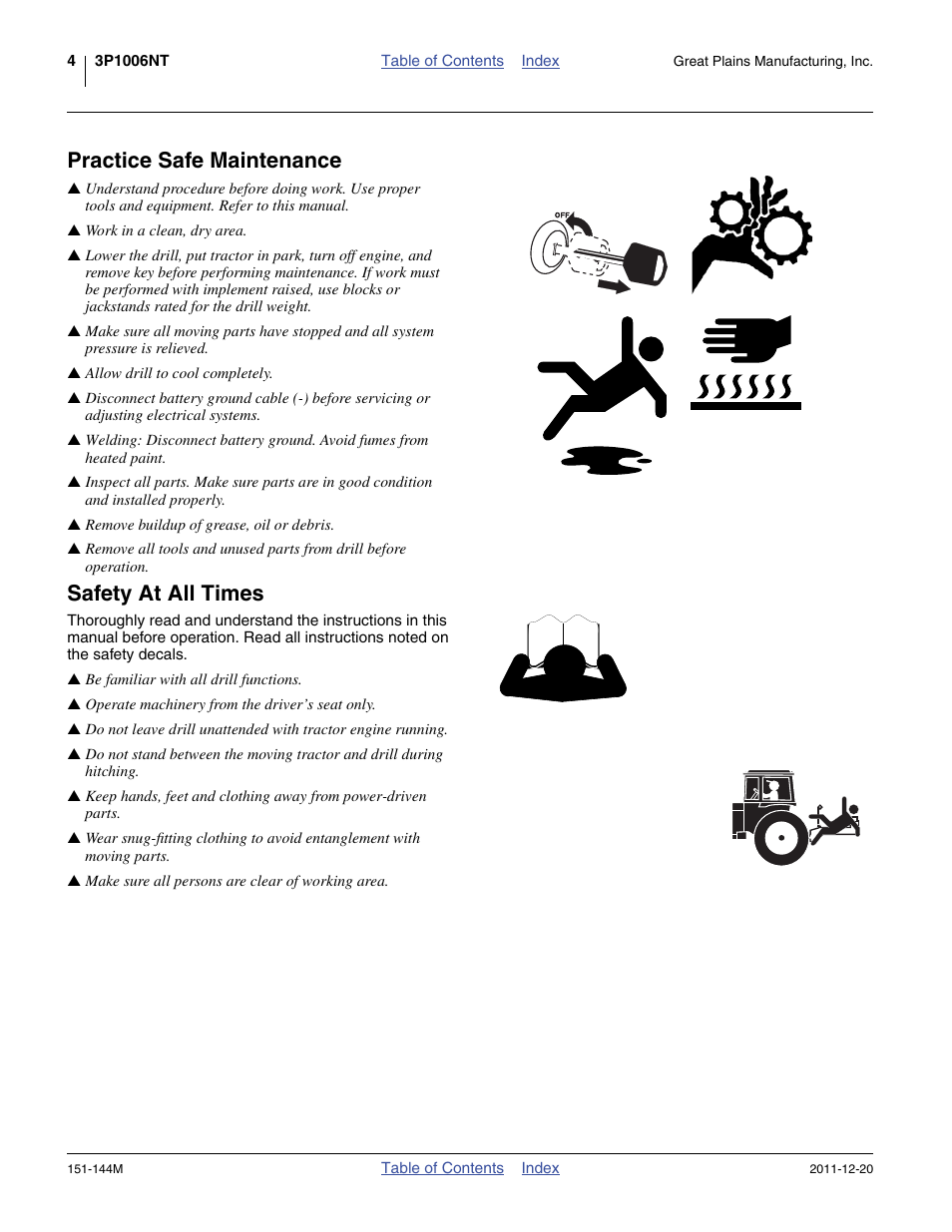 Practice safe maintenance, Safety at all times | Great Plains 3P1006NT Operator Manual User Manual | Page 8 / 102