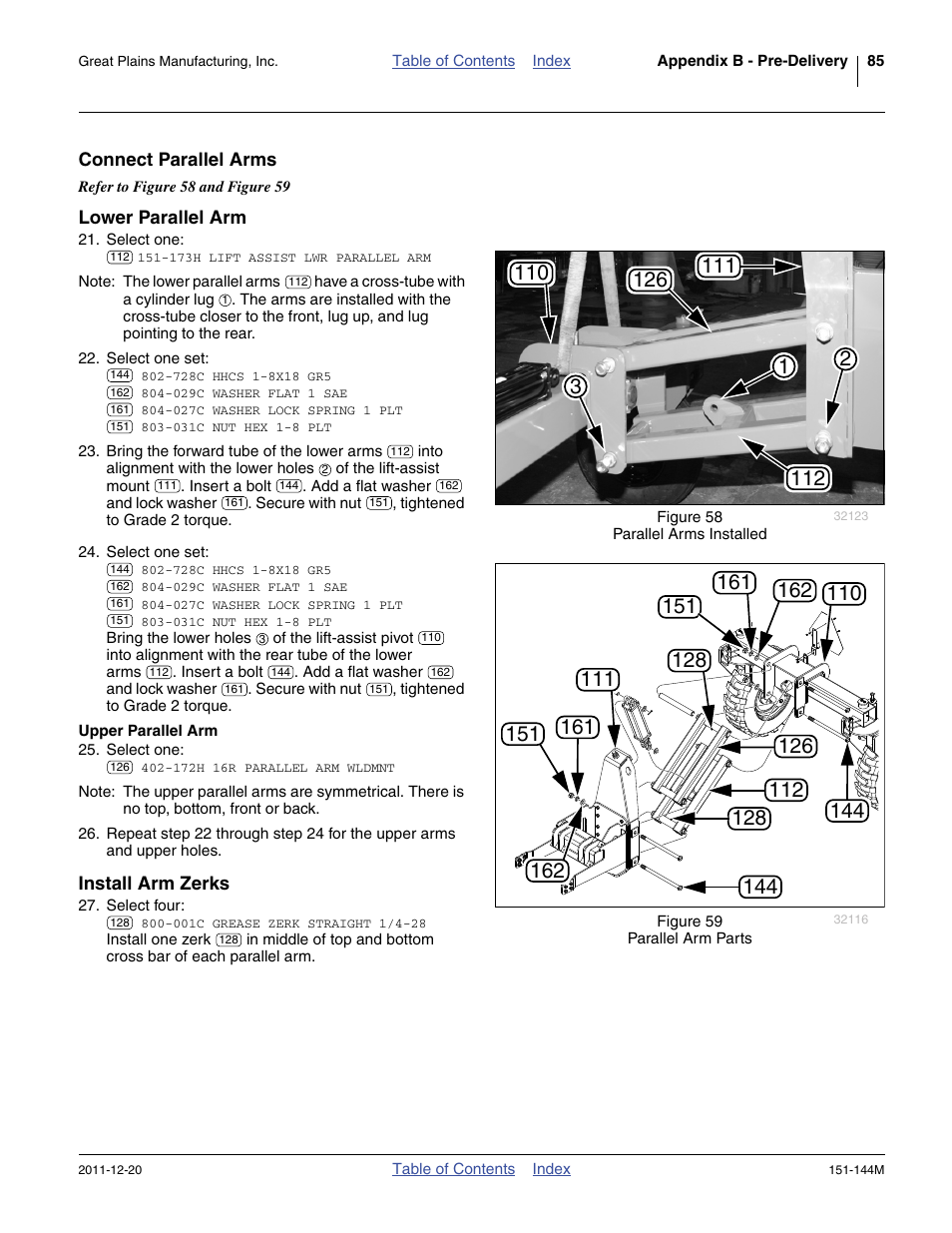 Connect parallel arms, Lower parallel arm, Upper parallel arm | Install arm zerks | Great Plains 3P1006NT Operator Manual User Manual | Page 89 / 102