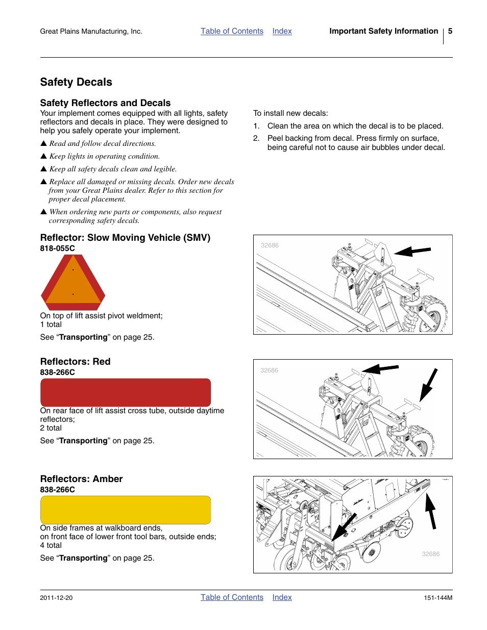 Safety decals, Safety reflectors and decals, Reflector: slow moving vehicle (smv) | 055c, Reflectors: red, 266c, Reflectors: amber | Great Plains 3P1006NT Operator Manual User Manual | Page 9 / 102