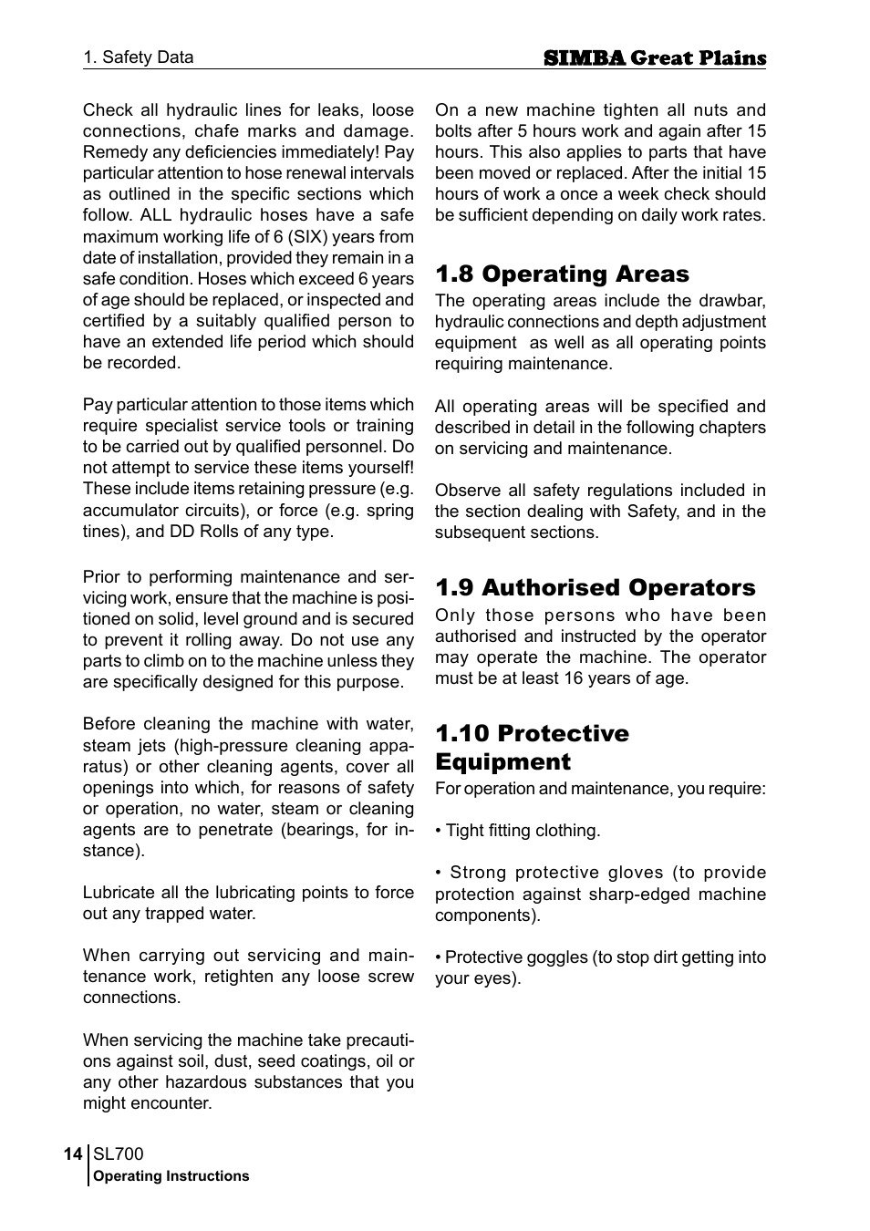 8 operating areas, 9 authorised operators, 10 protective equipment | Great Plains P18651C Operator Manual User Manual | Page 14 / 176