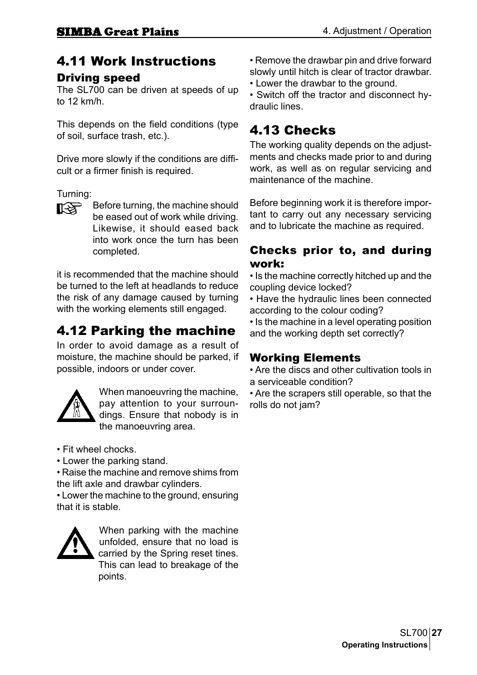 12 parking the machine, 11 work instructions, 13 checks | Great Plains P18651C Operator Manual User Manual | Page 27 / 176
