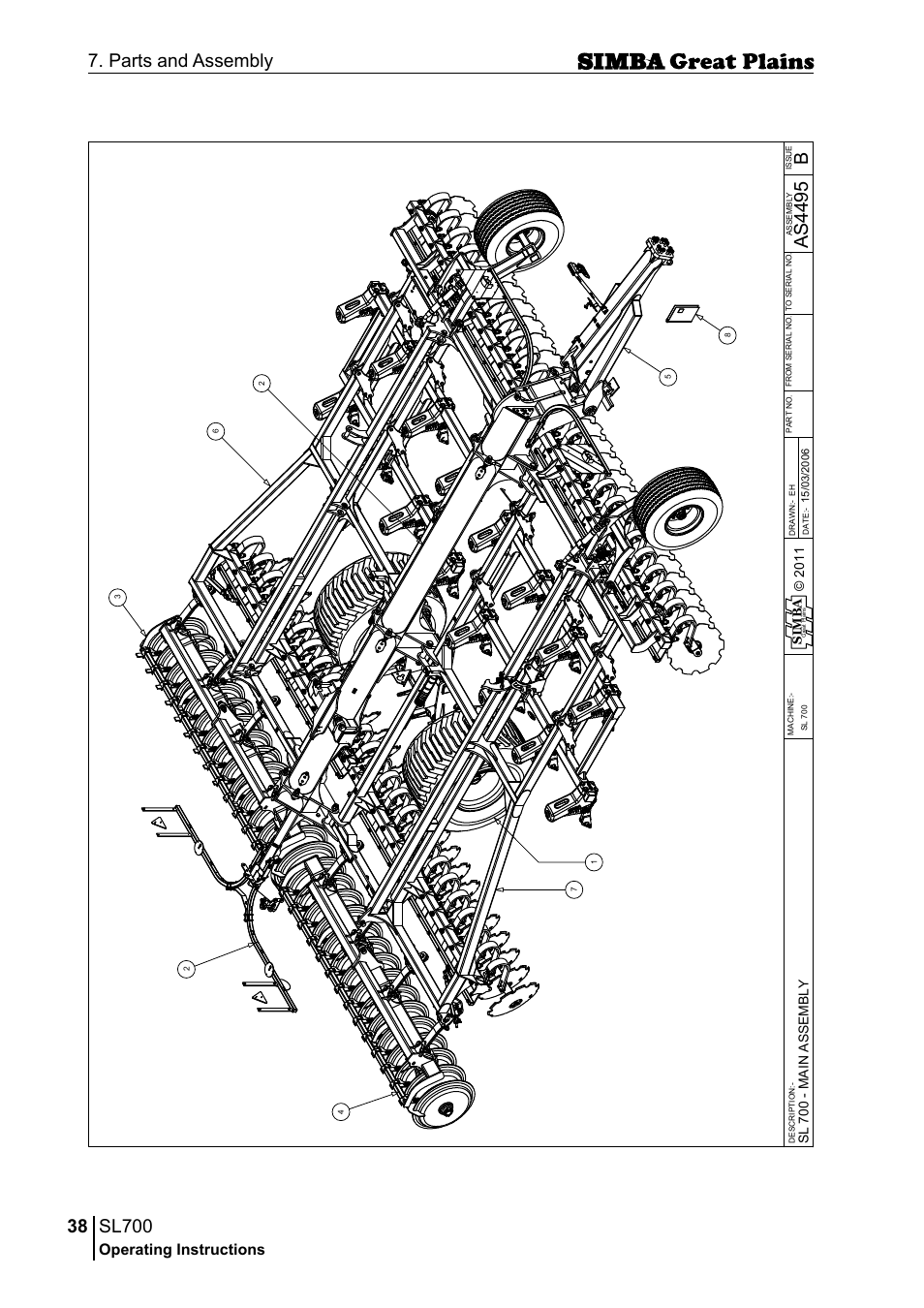 Sl700, 38 7. parts and assembly, Bas 44 95 | Operating instructions, Si m b a, Sl 70 0 - m ai n a ss em b ly | Great Plains P18651C Operator Manual User Manual | Page 38 / 176