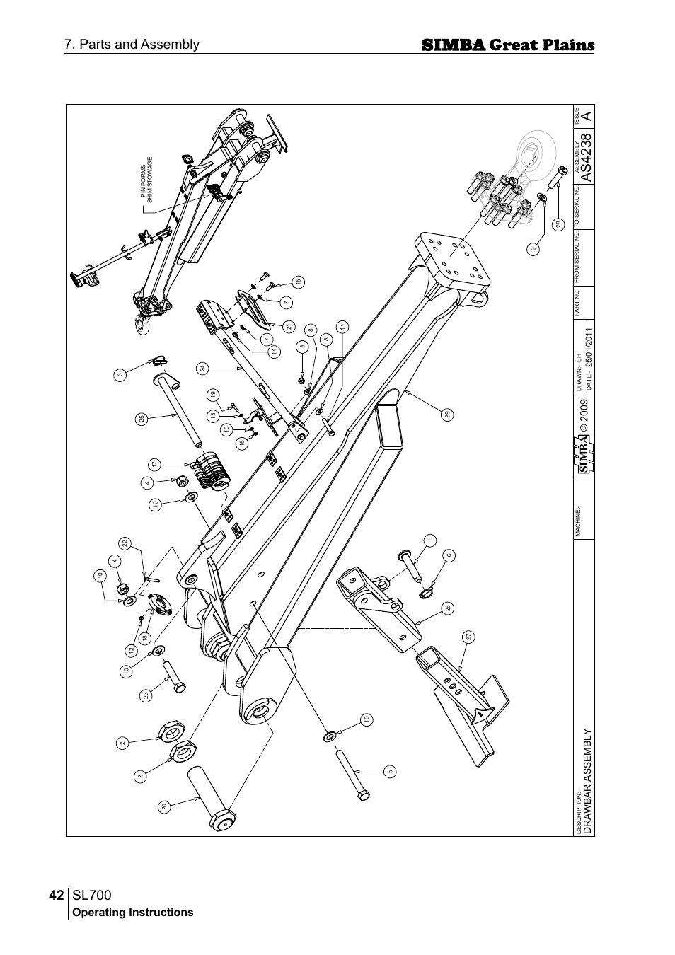 Sl700, 42 7. parts and assembly, Aas 42 38 | Operating instructions, Si m b a, Dr aw ba r a ss em bl y | Great Plains P18651C Operator Manual User Manual | Page 42 / 176