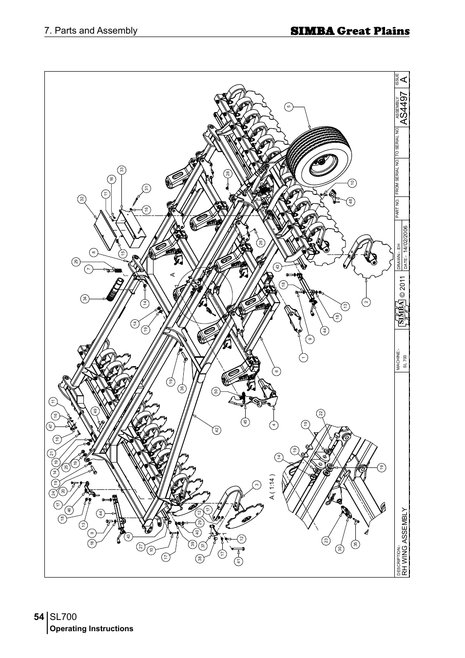 Sl700, 54 7. parts and assembly, Aas 44 97 | Operating instructions, Si m b a, A( 1 :1 4 ) | Great Plains P18651C Operator Manual User Manual | Page 54 / 176