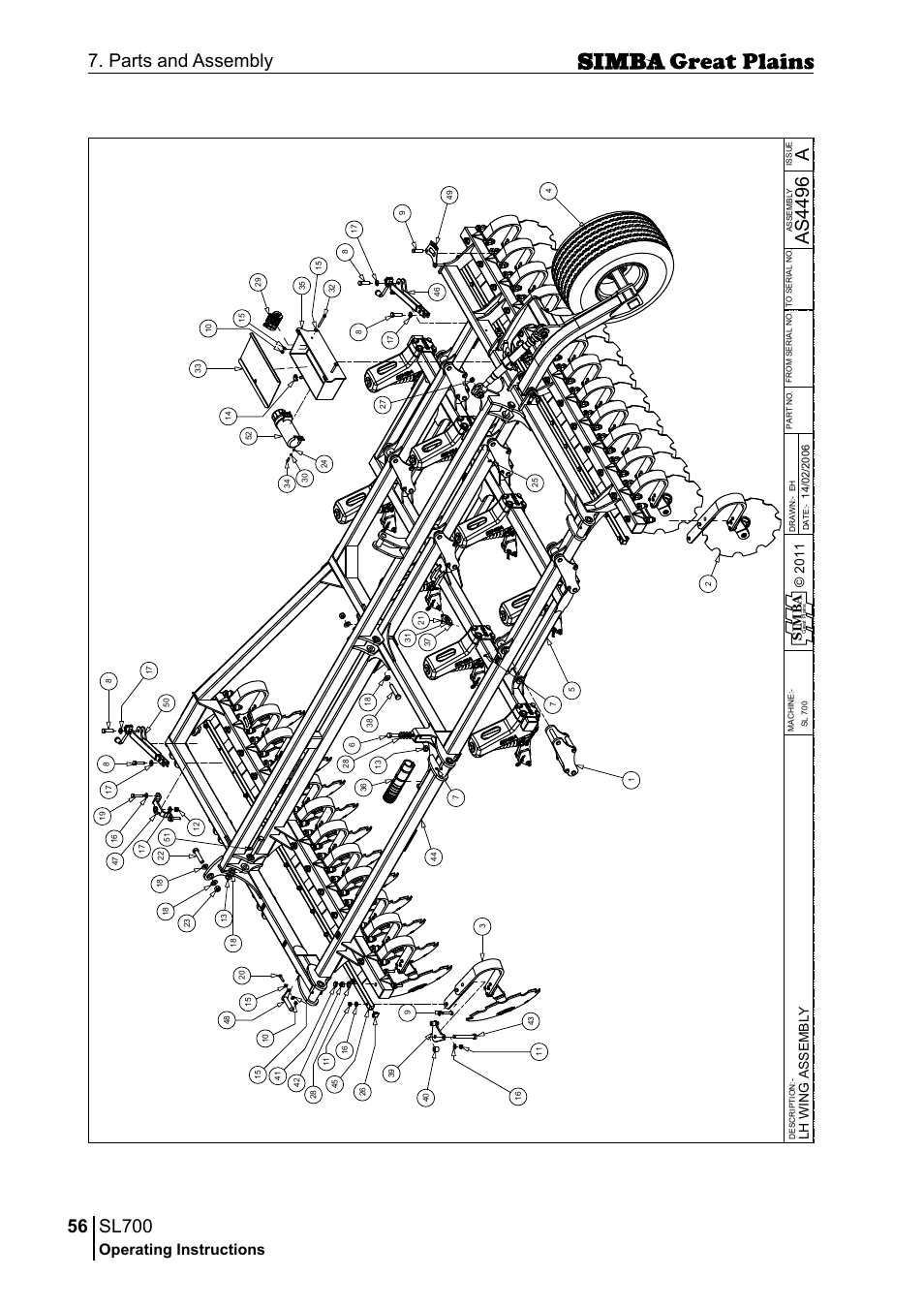 Sl700, 56 7. parts and assembly, Aas 44 96 | Operating instructions, Si m b a | Great Plains P18651C Operator Manual User Manual | Page 56 / 176