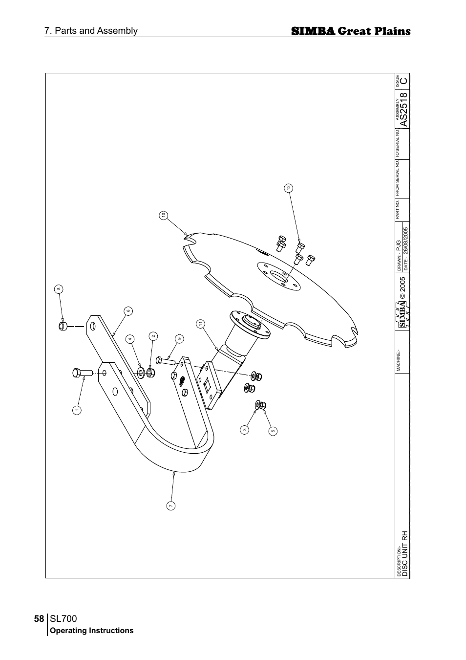 Sl700, 58 7. parts and assembly, Cas 25 18 | Operating instructions, Si m b a | Great Plains P18651C Operator Manual User Manual | Page 58 / 176