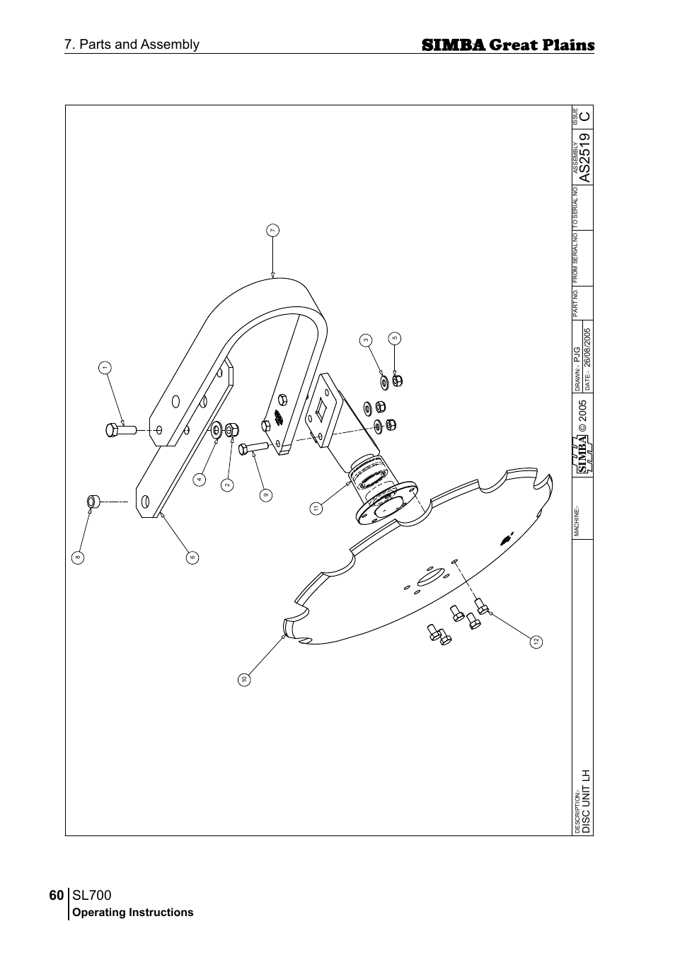 Sl700, 60 7. parts and assembly, Cas 25 19 | Operating instructions, Si m b a | Great Plains P18651C Operator Manual User Manual | Page 60 / 176