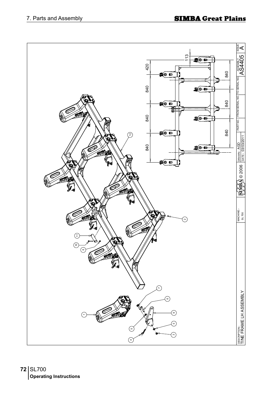 Sl700, 72 7. parts and assembly, Aas 44 05 | Operating instructions, Si m b a | Great Plains P18651C Operator Manual User Manual | Page 72 / 176