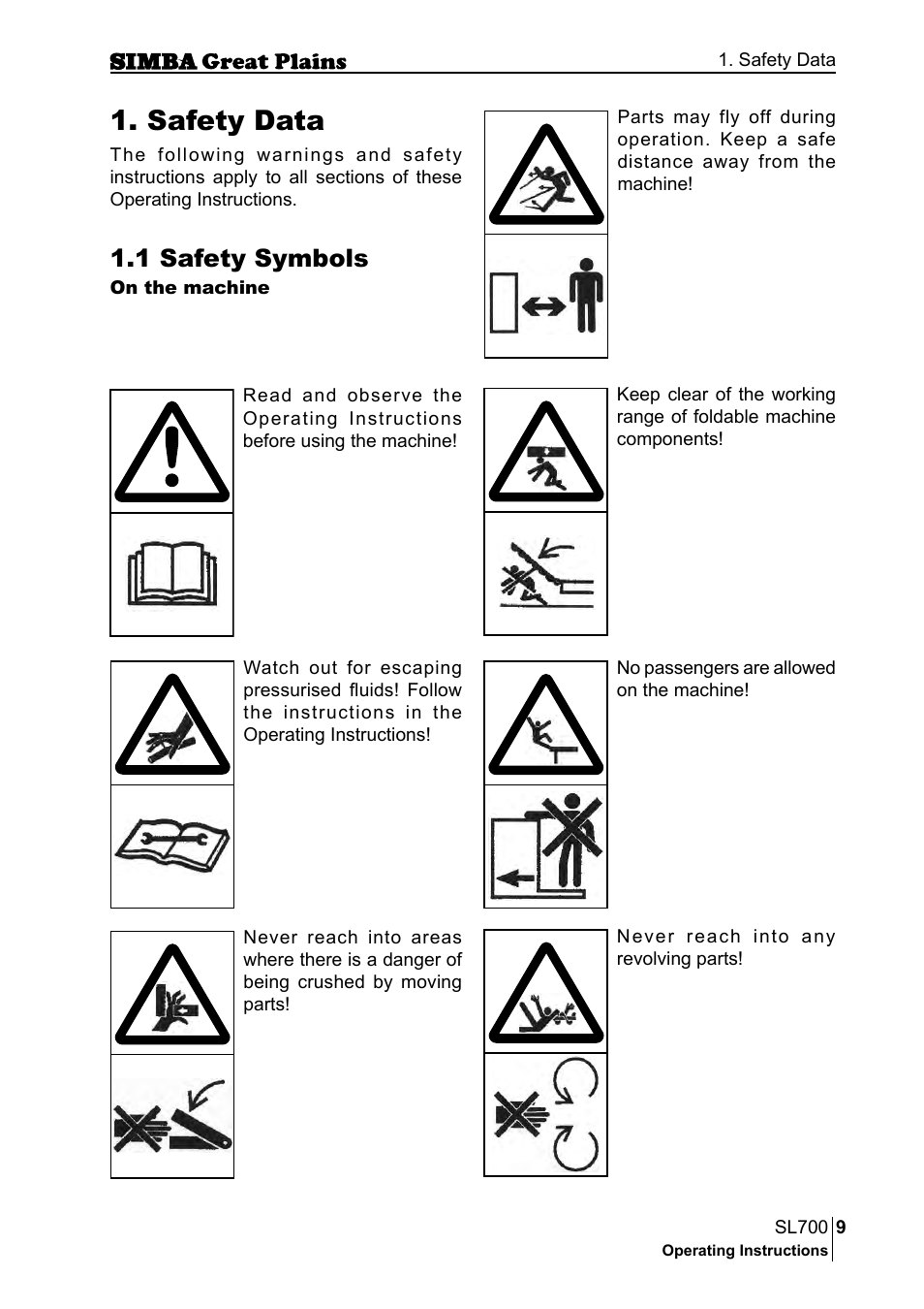 Safety data, 1 safety symbols | Great Plains P18651C Operator Manual User Manual | Page 9 / 176