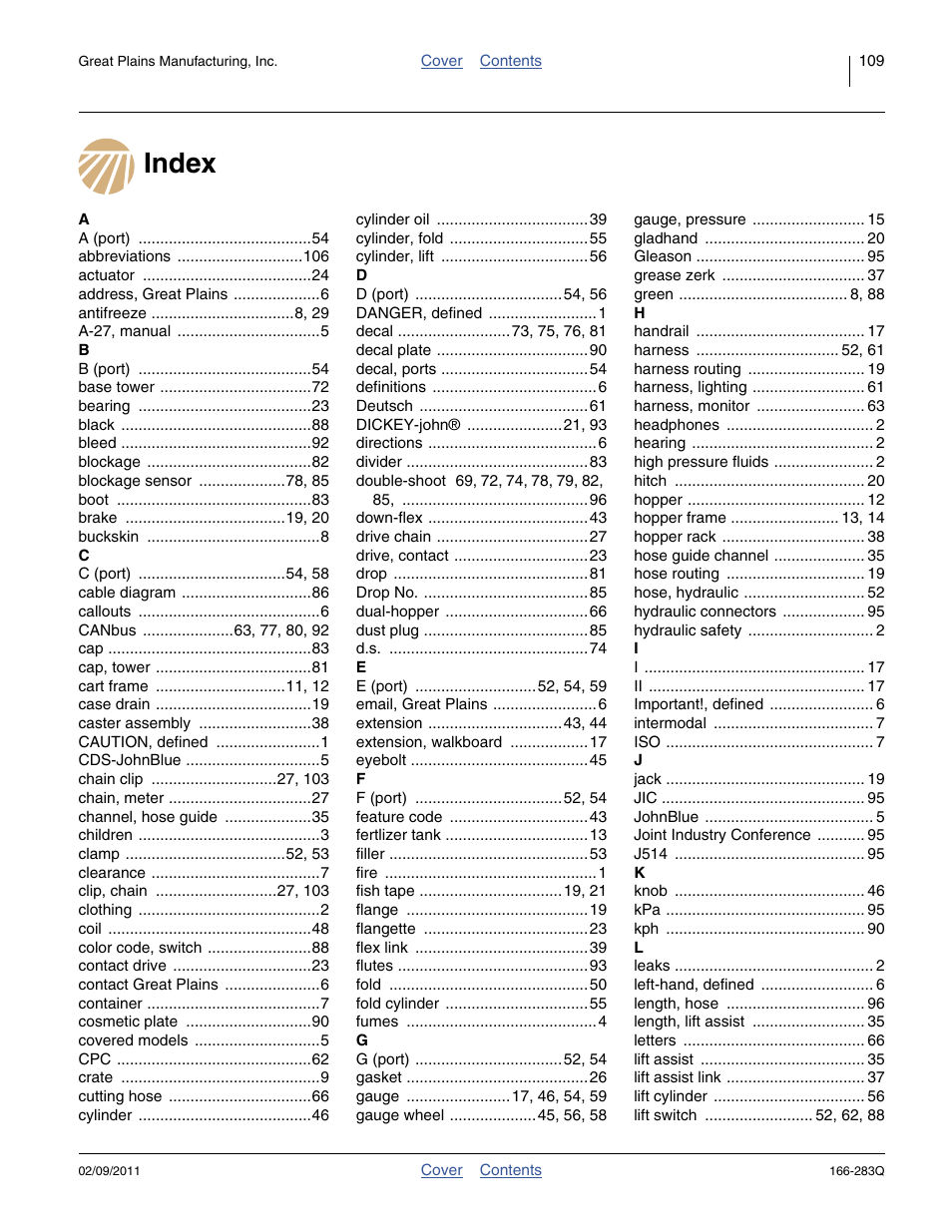 Index | Great Plains NTA2007HD Predelivery Manual User Manual | Page 113 / 118