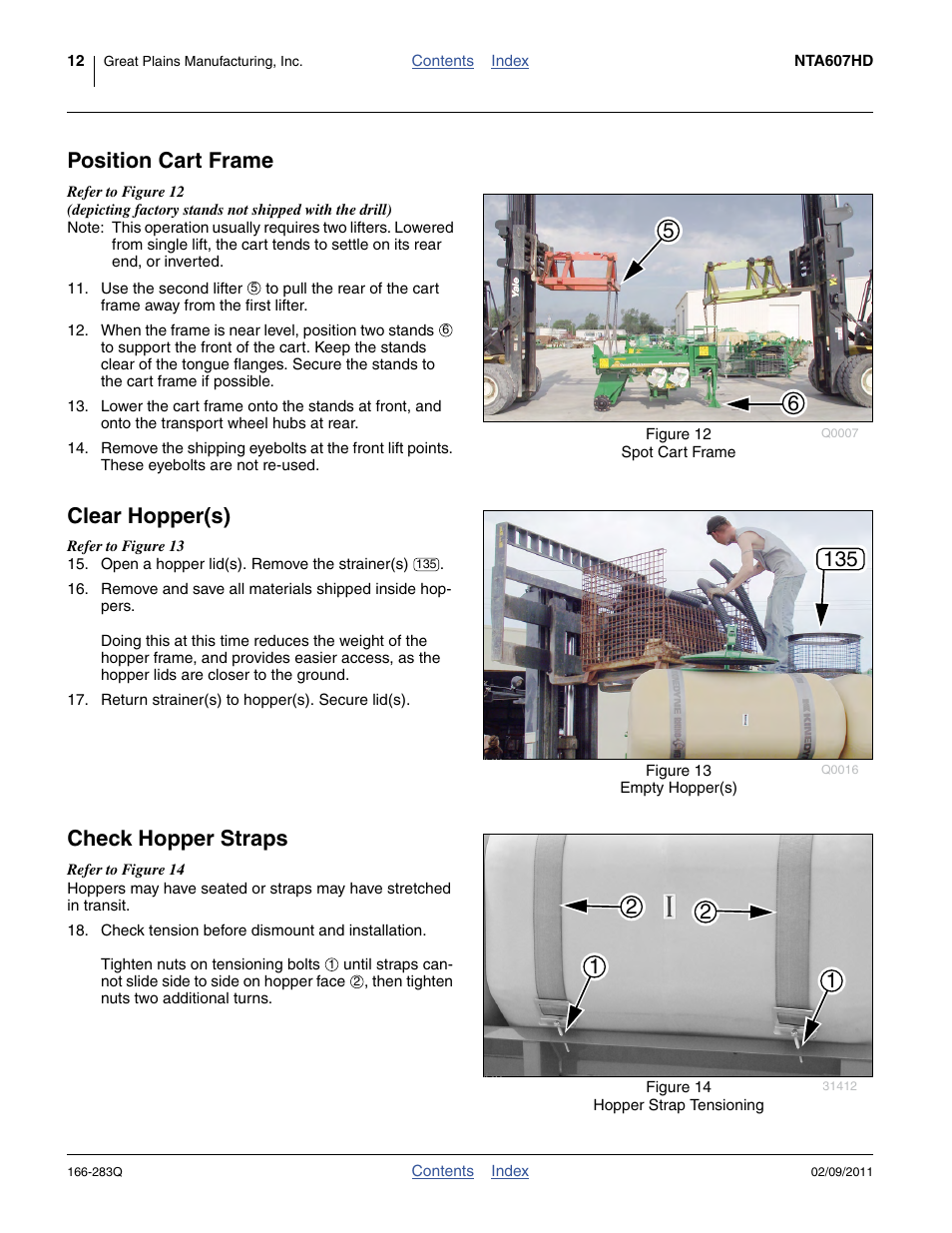 Position cart frame, Clear hopper(s), Check hopper straps | Great Plains NTA2007HD Predelivery Manual User Manual | Page 16 / 118