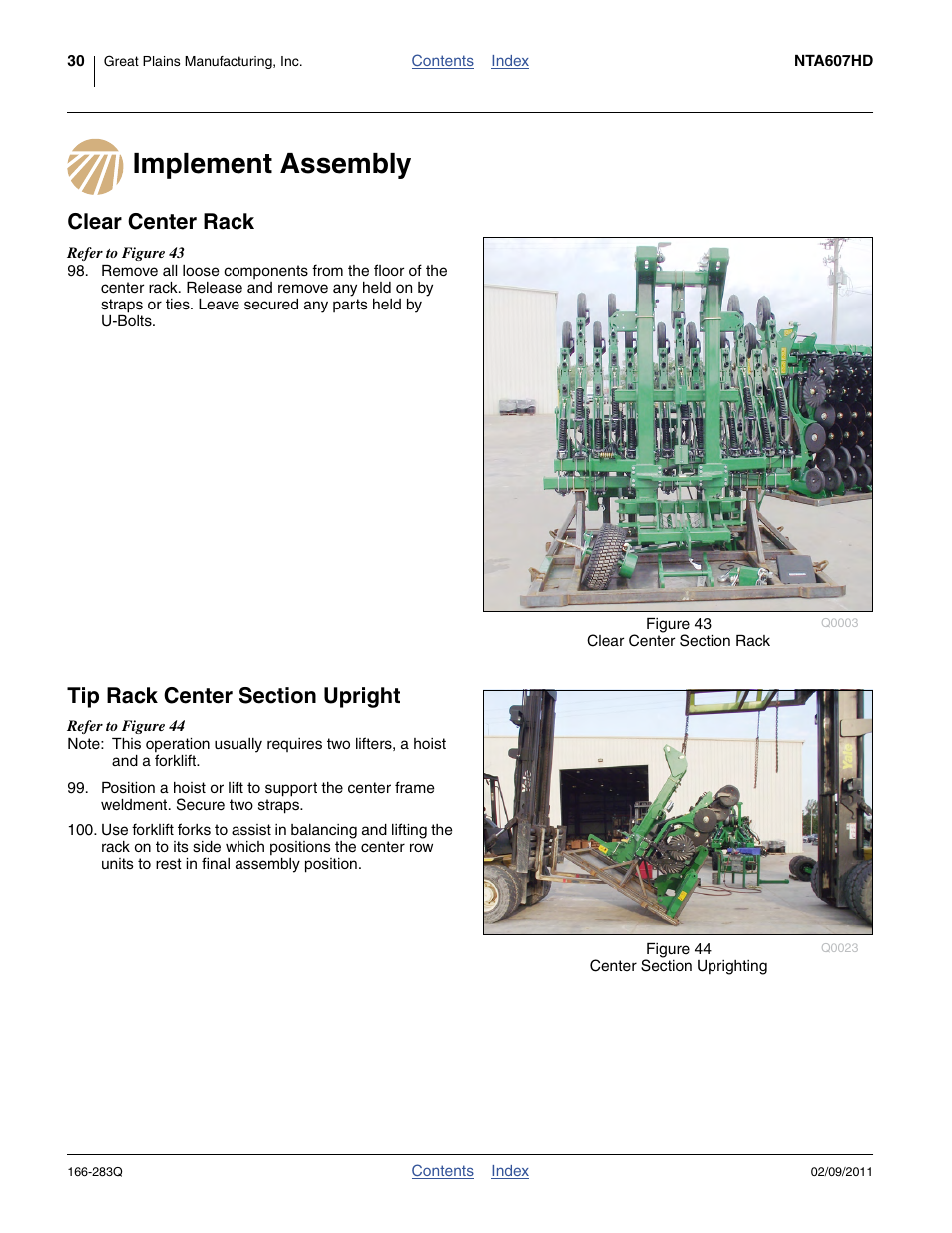 Implement assembly, Clear center rack, Tip rack center section upright | Great Plains NTA2007HD Predelivery Manual User Manual | Page 34 / 118