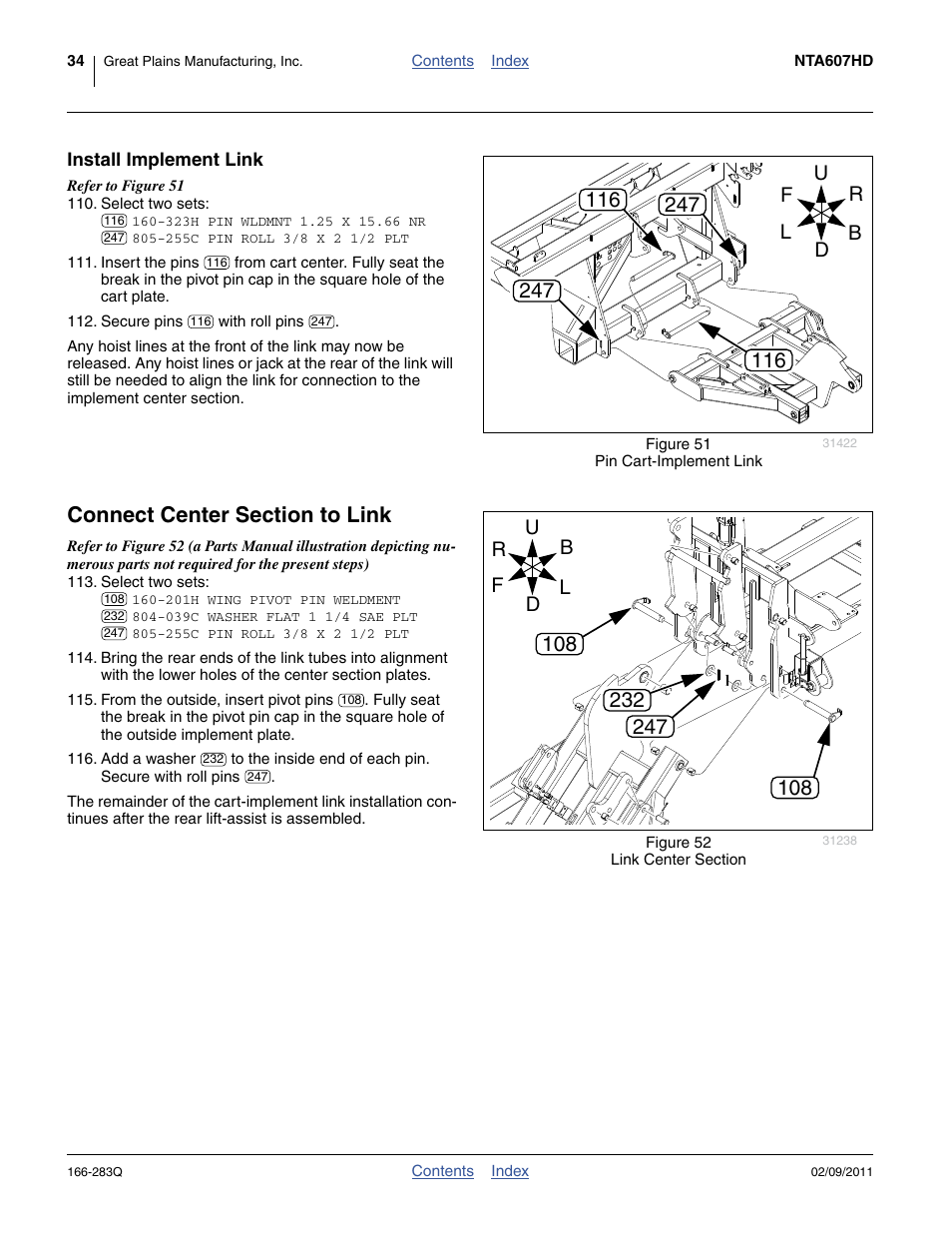 Install implement link, Connect center section to link | Great Plains NTA2007HD Predelivery Manual User Manual | Page 38 / 118