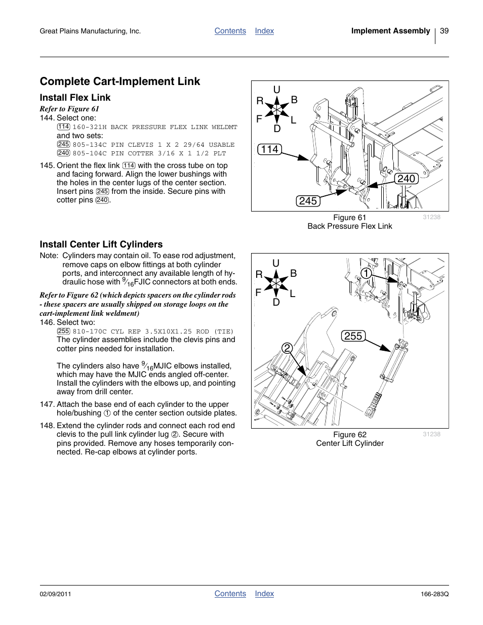 Complete cart-implement link, Install flex link, Install center lift cylinders | Install flex link install center lift cylinders | Great Plains NTA2007HD Predelivery Manual User Manual | Page 43 / 118