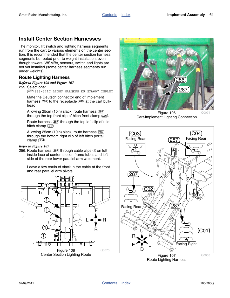 Install center section harnesses, Route lighting harness, Fb l r | Great Plains NTA2007HD Predelivery Manual User Manual | Page 65 / 118