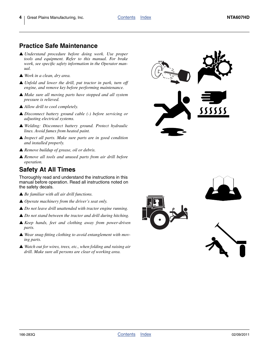 Practice safe maintenance, Safety at all times | Great Plains NTA2007HD Predelivery Manual User Manual | Page 8 / 118