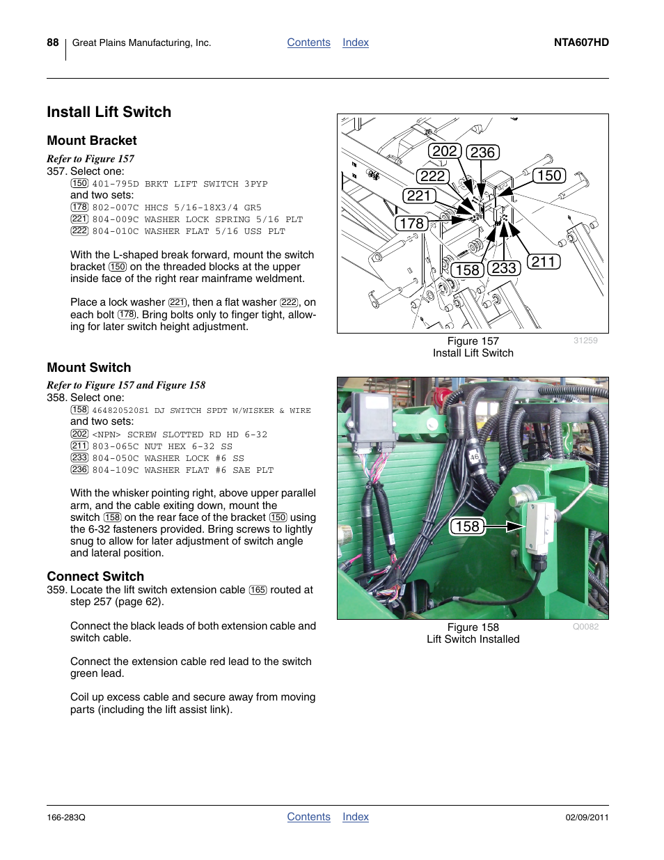 Install lift switch, Mount bracket, Mount switch | Connect switch | Great Plains NTA2007HD Predelivery Manual User Manual | Page 92 / 118