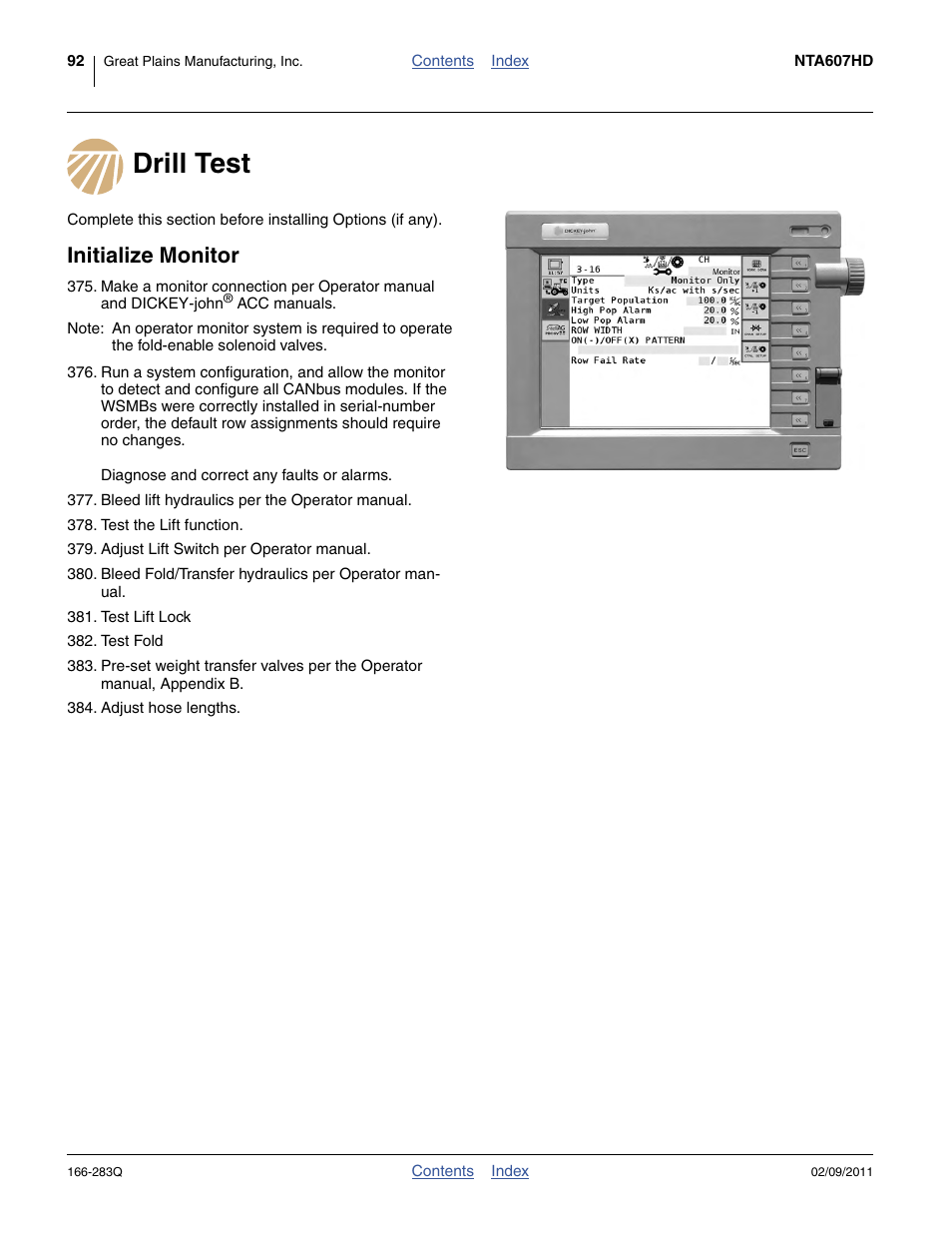 Drill test, Initialize monitor, Drill test initialize monitor | Great Plains NTA2007HD Predelivery Manual User Manual | Page 96 / 118