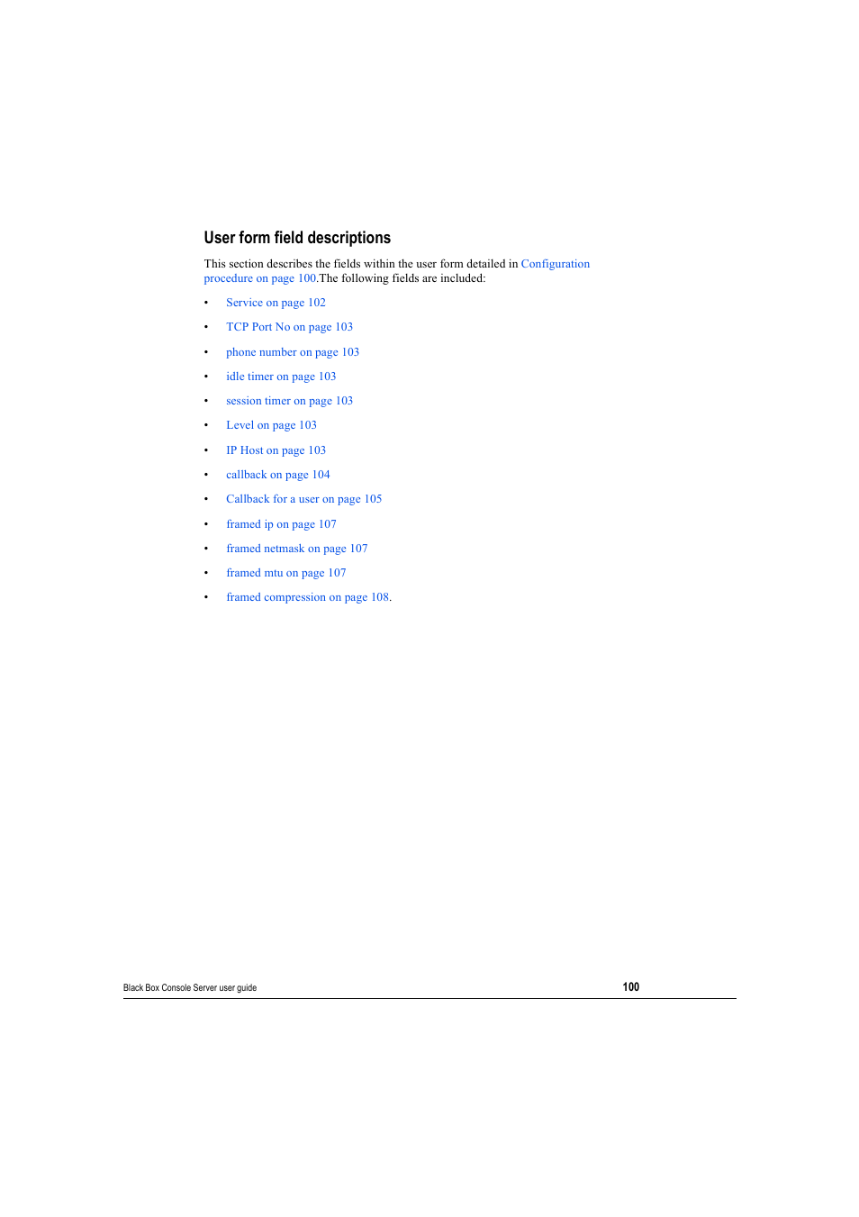 User form field descriptions | Black Box 16 port User Manual | Page 100 / 263