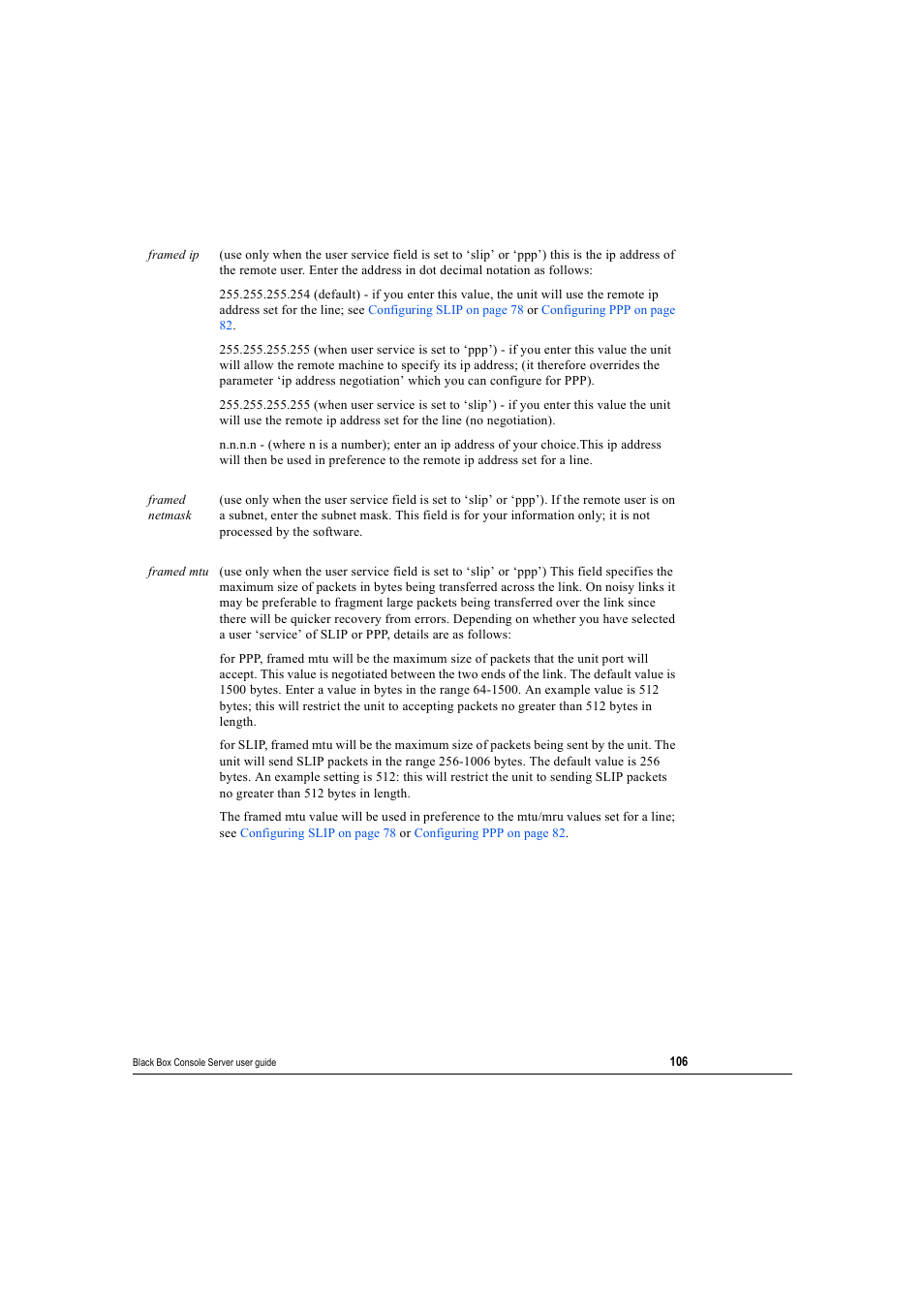 Framed ip, Framed mtu, Ion ‘framed mtu | Black Box 16 port User Manual | Page 106 / 263