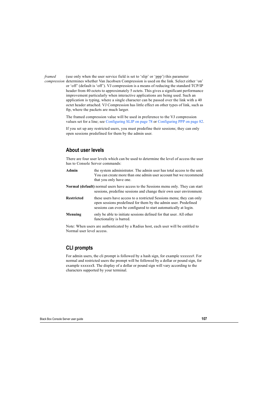 About user levels, Cli prompts, About user levels cli prompts | Framed compression | Black Box 16 port User Manual | Page 107 / 263