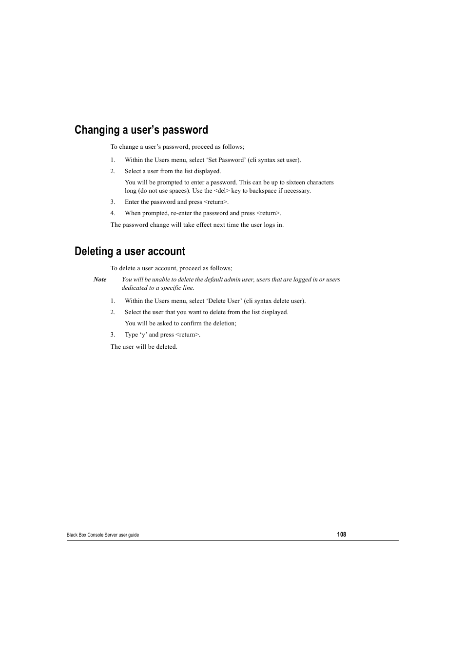 Changing a user’s password, Deleting a user account, Changing a user’s password deleting a user account | Black Box 16 port User Manual | Page 108 / 263