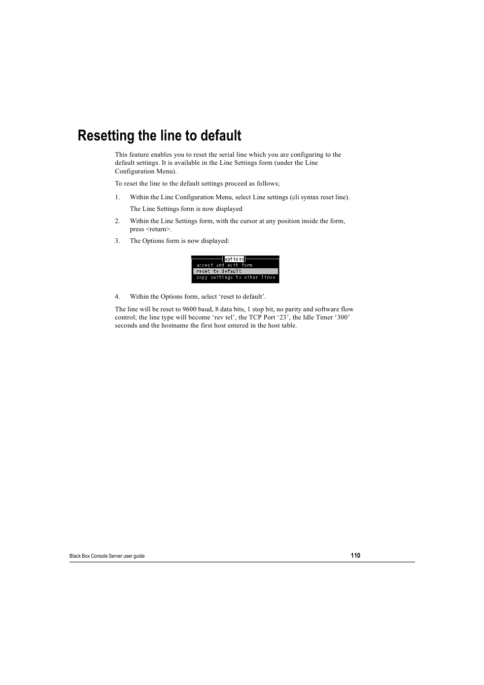 Resetting the line to default, Resetting the | Black Box 16 port User Manual | Page 110 / 263