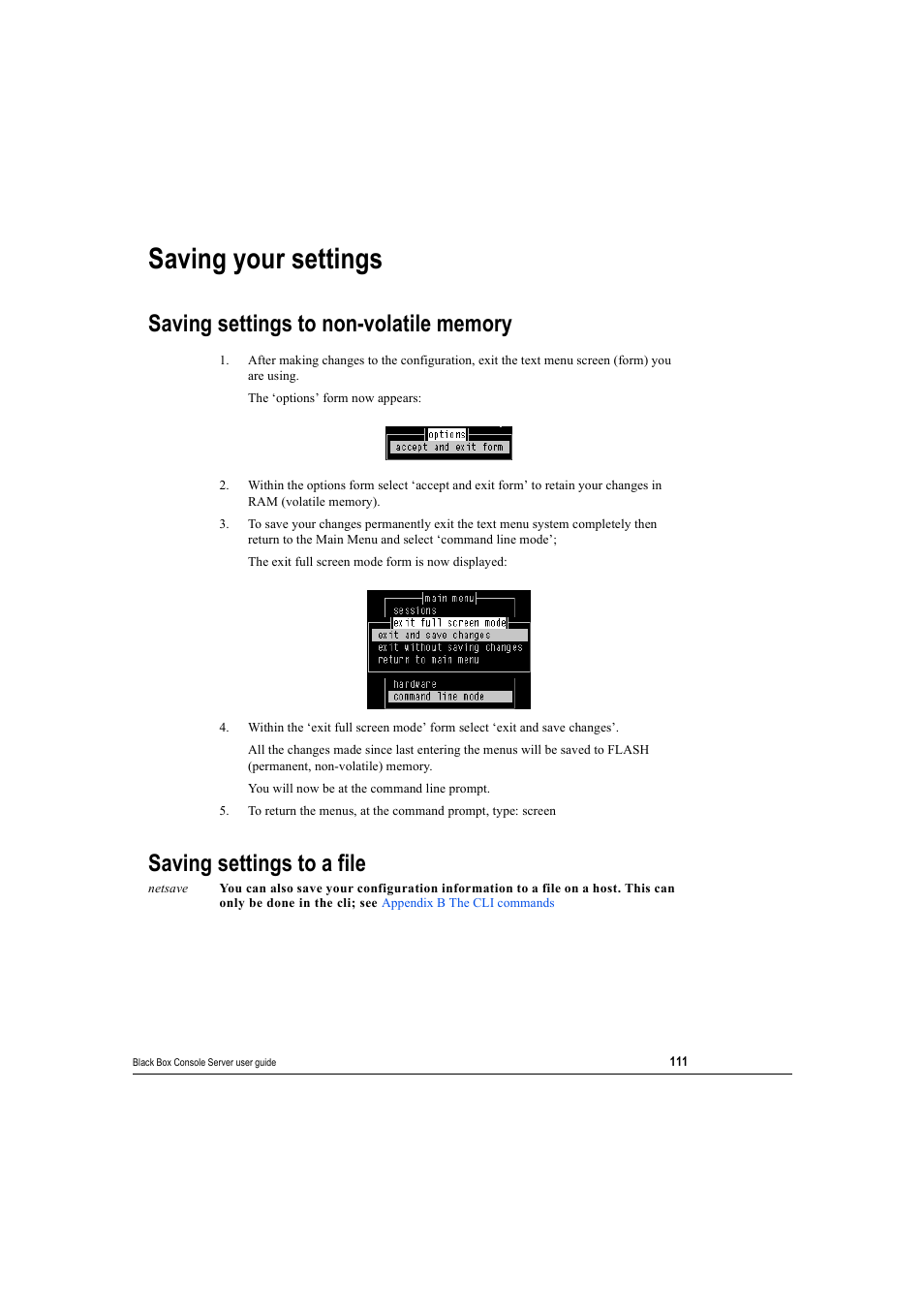 Saving your settings, Saving settings to non-volatile memory, Saving settings to a file | Modems, Saving | Black Box 16 port User Manual | Page 111 / 263